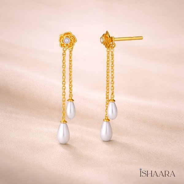 Floral Pearl Drop Gold Earrings