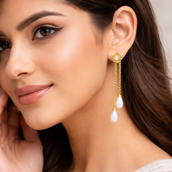 Floral Pearl Drop Gold Earrings