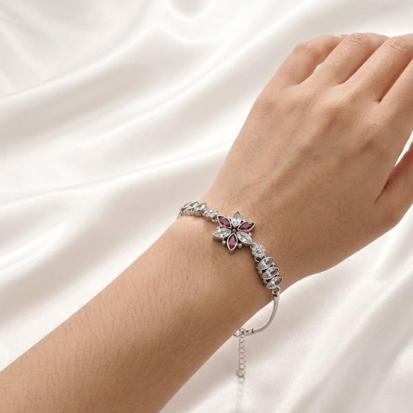 Maroon Bloom Silver Bracelet