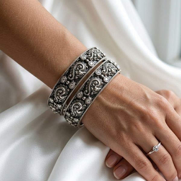 Scroll & Stone Silver Bangles
