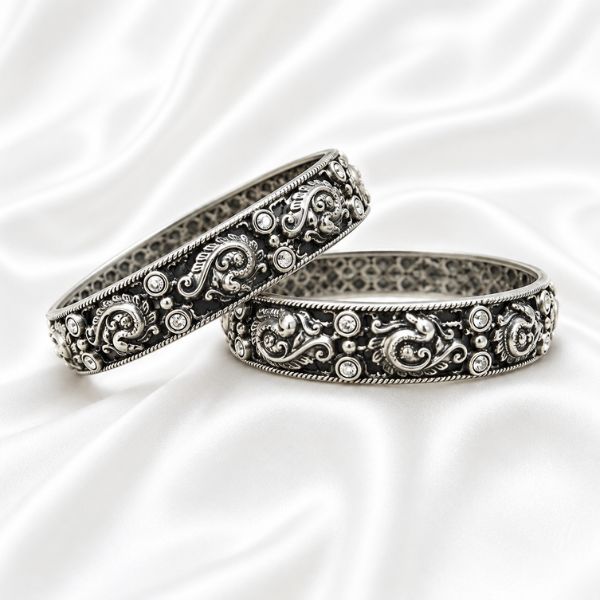 Scroll & Stone Silver Bangles